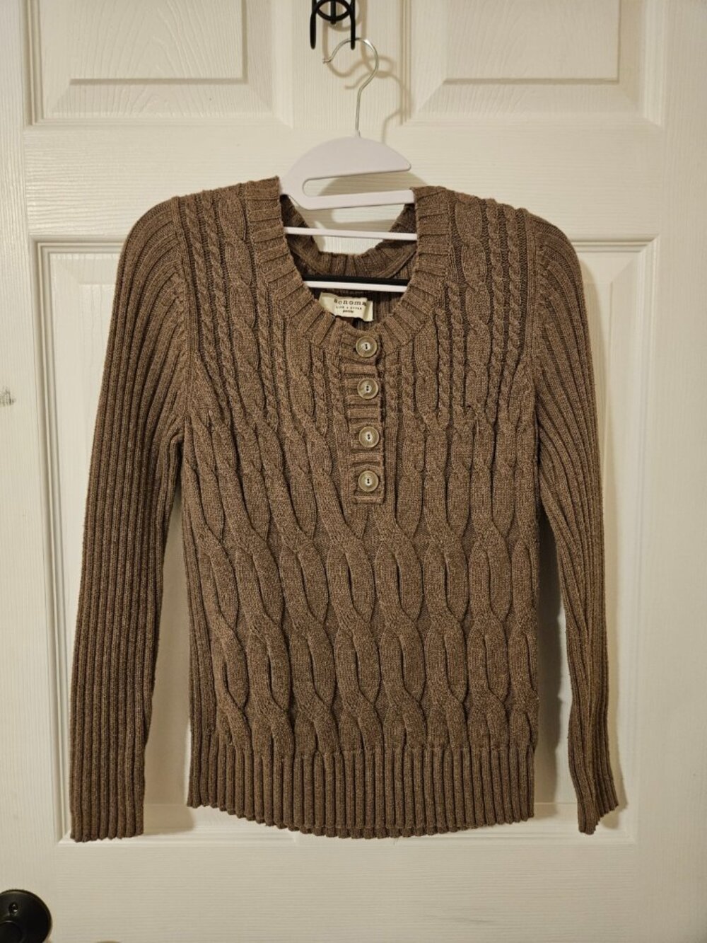 Sonoma Petite Brown Cable Knit Henley Sweater (Petite M)